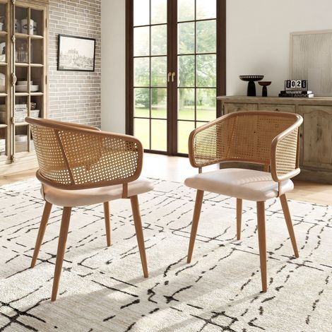 Chaise de salle a manger en fer, PU et rotin beige marron, dossier respirant antiderapant, 47 x 51 x 79 cm (1/5)