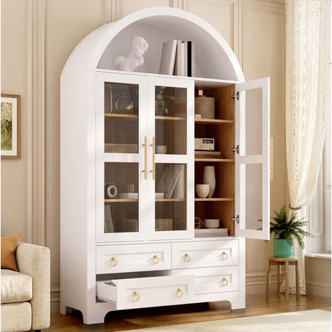 Aparador alto 110x40x185 cm de PB y MDF blanco con puertas de cristal – MEUBLIV (1/5)