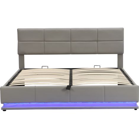 Cama con canapé abatible 180x200 cm en cuero PU con LED, somier de lamas, gris claro (1/5)