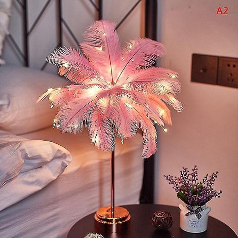 LED-Tischlampe in Federform, kleines Nachtlicht, herzförmige Nachttischlampe für Mädchenzimmer – 1 Stück – Rosa (1/3)