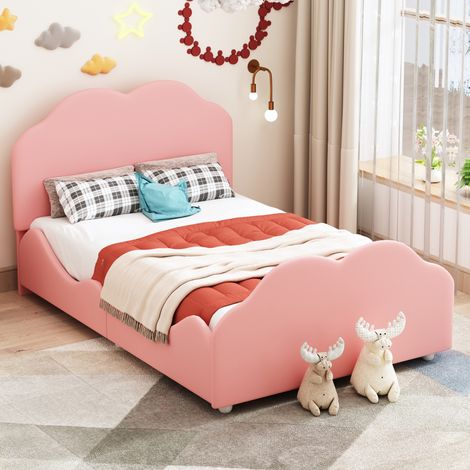 Cama infantil tapizada con barandillas, diseño nube, terciopelo rosa, 90x200 cm, cabecero regulable (1/5)