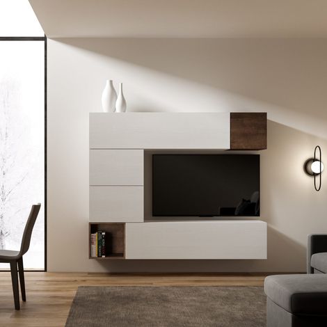 Parete soggiorno Isoka A11 L.194 H.160 P.39,5 Bianco e Noce (1/4)