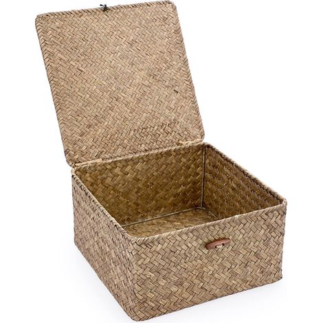 Panier de rangement en osier avec couvercle carré pour étagère boîte de rangement organisateur de table (café, 27 x 27 x 14cm) (1/5)