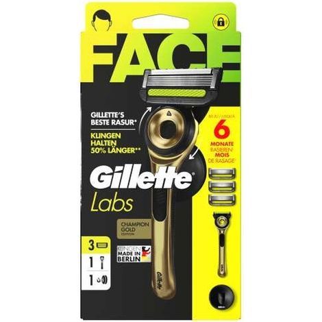 Gillette Labs, Rasierer mit Reinigungselement Champion Gold Edition, 1 Handstück, 1 Wandhalterung, 1 Reise-Etui, 3 Ersatzklingen
