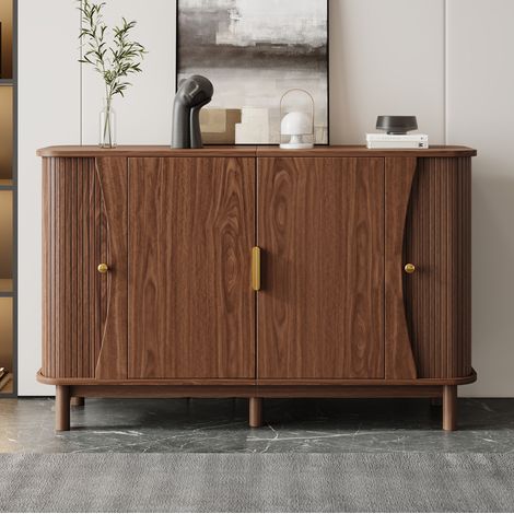 Vitrina de 140x40x88 cm en MDF, 3 compartimentos, puertas correderas, bordes redondeados, color nogal. (1/5)