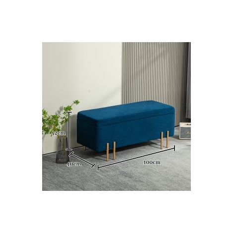 Banquette coffre bleu foncé en tissu avec mousse et rangement, structure métal et bois d hévéa, pour salon et entrée (1/5)