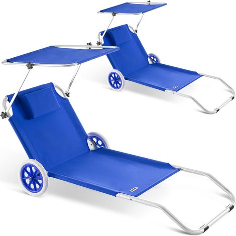 CASARIA® Set of 2 Foldable Sun Loungers with Wheels & Sun Canopy – 5-Position Adjustable Aluminum Lounger for Garden, Beach, Balcony, Patio, Pool, or Camping Blue (1/4)