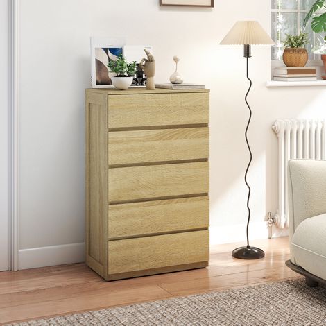 Commode en bois à 5 tiroirs avec rails métalliques et poignées rainurées. 60 x 39 x 100 cm. Couleur hêtre.