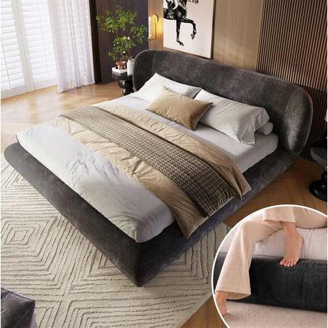MODFU – Lit adulte 140x190 cm chenille – Tête rembourrée et mousse 12 cm – Sommier lattes et charge 300 kg – Chambre – Gris (1/5)