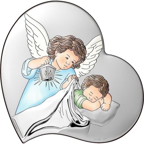 Cuadro en plata de un ángel con linterna sobre un niño, colorido con grabado 6748C 7x7 cm (1/5)