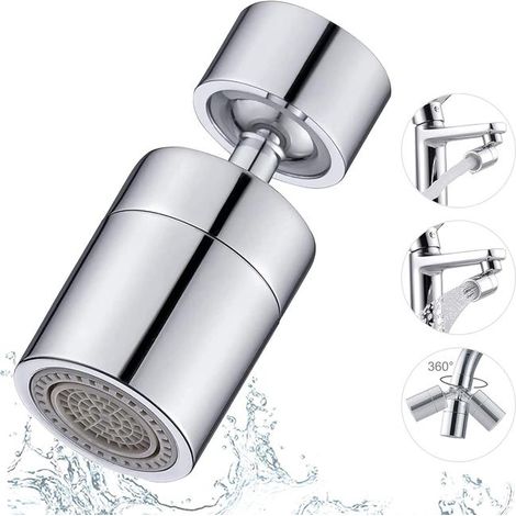 Mousseur de robinet orientable 80° double jet, aérateur économique pour évier cuisine et lavabo salle de bain, brise-jet réglable 2 fonctions, adaptateur universel, finition chromée (1/5)