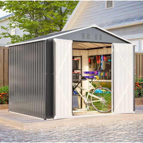 Cobertizo metálico de jardín 240.4x192.3x191 cm, amplio, con puerta abatible, ventilación, acero galvanizado gris (1/5)