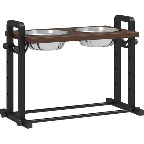 Support gamelles chien réglable hauteur 4 gamelles 2 acier inoxydable 1,2L 3 angles inclinaison marron