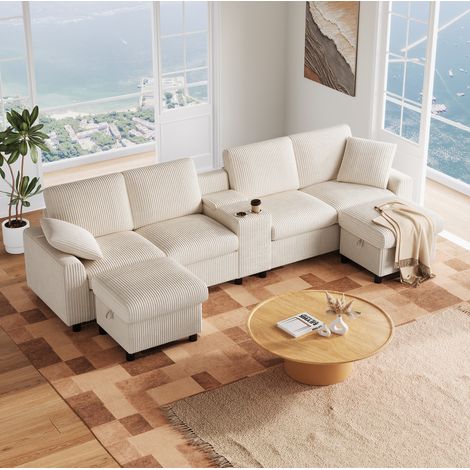 Divano a U in velluto a coste beige con 2 pouf contenitore, USB, prese e Type-C HAVRYA (1/5)