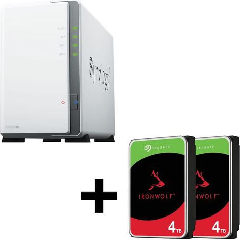 Gabinete vacío para servidor NAS Synology DiskStation DS223J de 2 bahías + discos duros Seagate Ironwolf SATA de 3,5" y 8 T