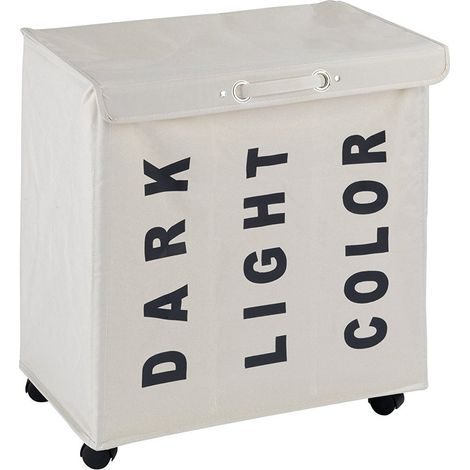 Wenko – Récipient à linge rectangulaire 116L – 3 compartiments avec inscriptions – Polyester imperméable et résistant – 4 roues pour déplacement facile (1/5)