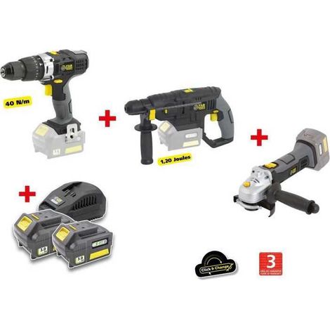 X-FIT PACK  GROS oeUVRE  3 machines 18V + 2 batteries 18V 3.0Ah : Perceuse percu/visseuse + Marteau Perfo + Meuleuse dangle