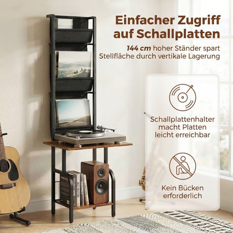 Meuble CD industriel, rangement DVD avec 3 poches en tissu et plateau, style bois rustique marron (1/5)