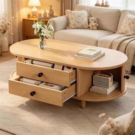 Table de salon rectangulaire avec 4 tiroirs, rangements fermés, plateau MDF effet bois, bois naturel, 100x50x36 cm (1/5)