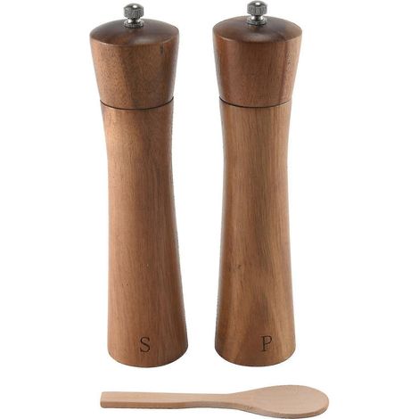 Moulins à sel et à poivre, ensemble moulin à sel et à poivre en bois avec cuillère en bois, moulin en céramique réglable (1/5)