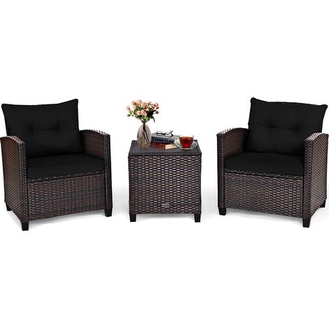 COSTWAY Conjunto Muebles de Ratán para Comedor Salón Jardín Terraza 1 Mesa y 2 Sillas con Cojín de Asiento para Patio Terraza Interior Exterior (Negro) (1/2)