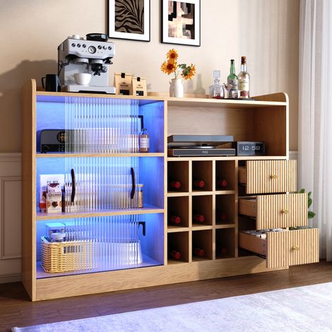 Meuble de rangement rétro de 120 cm avec casiers à vin à damier, éclairage LED et portes coulissantes en verre semi-transparent, meuble de rangement à vin multifonctionnel pour salon et salle à manger (1/4)