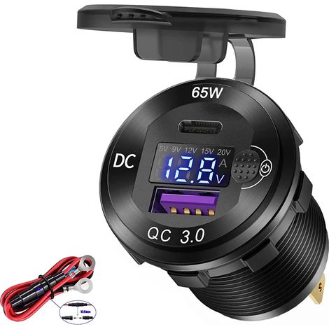 Adaptateur de chargeur de voiture USB C 83 W amélioré, prise d'alimentation PD et QC 3.0 65 W avec voltmètre pour voiture, bateau, moto, camping-car 12 V/24 V [RM] (1/5)