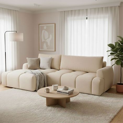 Canapé d'angle à gauche convertible en tissu texturé beige - ZEPHYR (1/5)