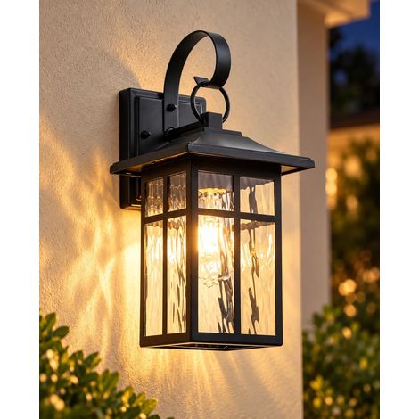 Applique Murale Exterieur, Noir Mat Porche Lampe Exterieur avec Verre Ondulé Par l'Eau, E27 Luminaire Lanterne Exterieur, IP44 Étanche Éclairage Mural d'Extérieur pour Jardin, Terrasse (1/5)