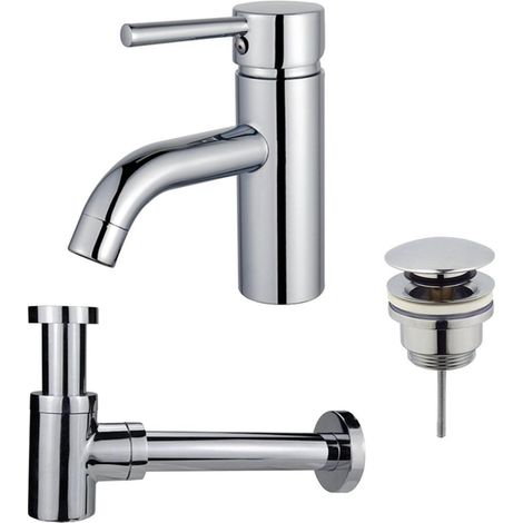 FugaFlow Eccelente Sobrado Kit mitigeur lavabo - robinet bas - bonde clic clac - siphon design bas - Chrome brillant (1/4)