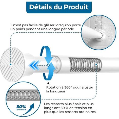 Tringle à Rideaux de Douche Sans Perçage Extensible 70-120 cm - Barre de Douche à Tension à Ressort, Installation Facile Tringle Rideau Extensible pour Porte, Fenêtre, Salle de Bain, Blanc (1/5)