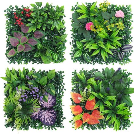 Mur de plantes d'extérieur - Lot de 4 plantes artificielles - 25 x 25 cm - Décoration pour mur, balcon et jardin (1/5)