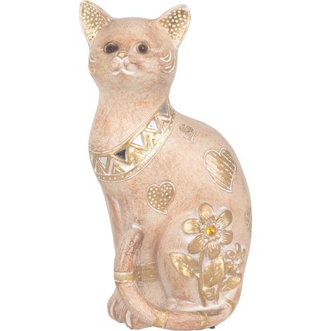 Statuetta di gatto in resina con dettagli dorati e floreali