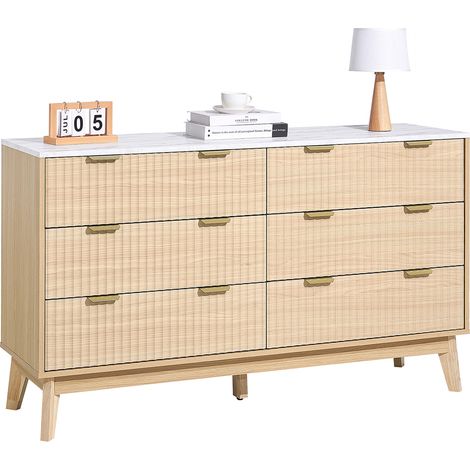 VEVOR Commode a 6 tiroirs, meuble de rangement en bois avec systeme coulissant et anti-basculement, style minimaliste moderne, organisateur cannele pour salon, couloir, chambre, entree, bois clair