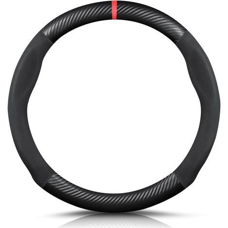 Round Shape Carbon Fibre & Microfibre PU Leather Steering Wheel Cover Non-Slip Car Steering Wheel Cover Breathable Sport Car Steering Wheel Cover for Diameter 38 cm (15 Inches) - Black Red (1/5)