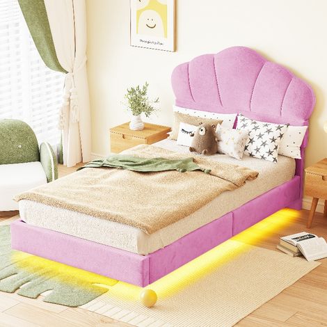 Polsterbett 90x200 cm mit LED-Beleuchtung und Wolken-Kopfteil, modernes Schwebebett aus weichem Samt, Kinderbett und Jugendbett, Rosa (1/5)