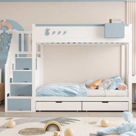 Lit Superposé-2 Lits Lapins-Carottes-Étagère-Tiroirs-Échelle-Sommier Lattes-Blanc-Bleu-252.5x95x167(cm)-Sans Matelas (1/5)