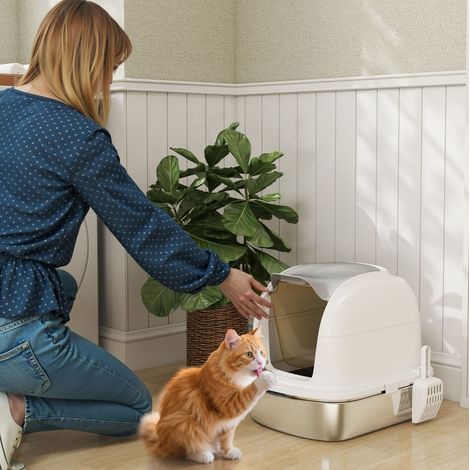Litière fermée 52,4x41,3x42 cm en acier inoxydable blanc, pour petits chats – MEUBLIV (1/5)