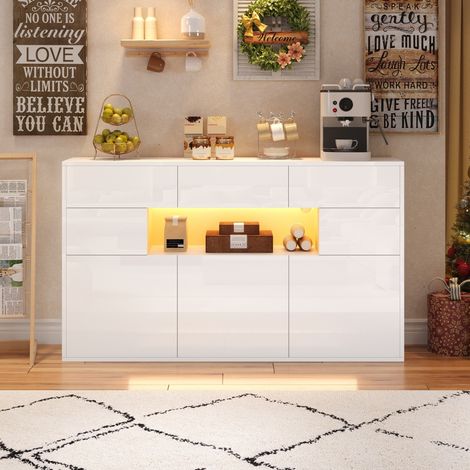 Buffet bas 140x30x82 cm blanc en MDF avec 3 tiroirs, 5 rangements et éclairage LED (1/5)