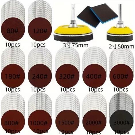 120 Pieces Sanding Discs, 50mm 75mm Pads with Sandpaper Backing, 80 120 180 240 320 480 600 800 1000 1200 1500 3000 Grit for Car, Metal and Wood (1/5)