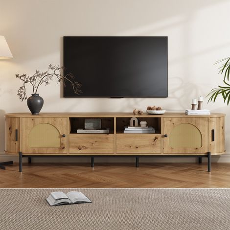 Meuble TV ovale 200x40x49.5cm - Portes en rotin, tiroirs et pieds métal - Style scandinave avec gestion de câbles - Naturel (1/5)