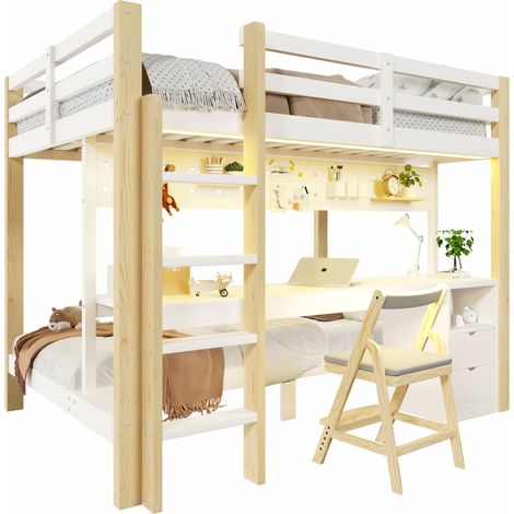 Lit superposé 90x200 et 140x200 avec bureau, tiroirs, panneau perforé et LED, bois de pin blanc et naturel, pour chambre enfant CHICFURN (1/5)