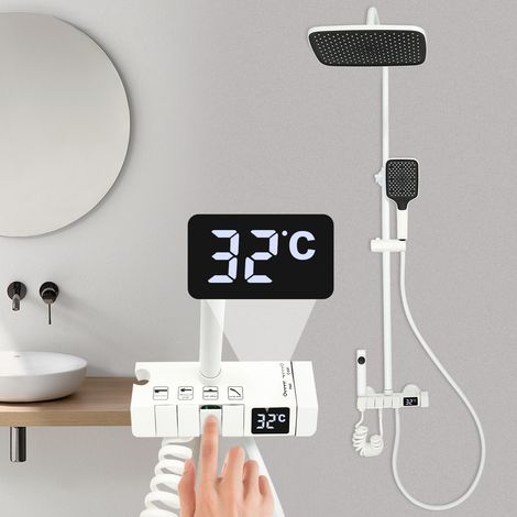 Ensemble de douche pour salle de bains,Colonne de Douche 4 Modes et Hauteur Réglable85-120CM, Affichage LED,Tête de Douche, Jet, Robinet et Pommeau de Douche (Blanc) (1/5)