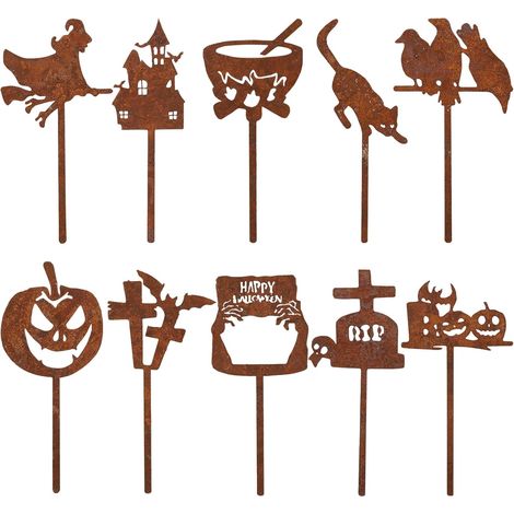 Lot de 10 piquets de jardin rouillés avec aspect rouille - Décoration de jardin d'Halloween en métal avec sorcière, citrouille, chat, corbeau, pierre tombale, croix et main zombie pour (1/5)