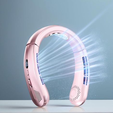 Tragbarer Nackenventilator – USB-aufladbar – Rotorblattlos – 100 Geschwindigkeitsstufen – 5000-mAh-Akku – Für drinnen und draußen – Digitalanzeige – Rosa (1/5)