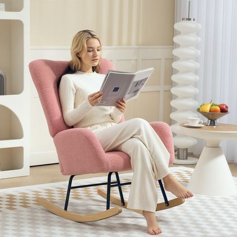 Fauteuil à bascule rose en velours bouclette, accoudoirs, fauteuil relaxation avec structure en bois, pour salon et chambre (1/5)