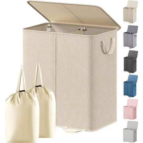 Panier à linge double avec couvercle et sacs amovibles, séparateur 2 compartiments, stable en polyester et fibre de verre, pour chambre et buanderie (1/4)