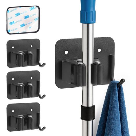 Wandmontierter Besenhalter – 4er-Set – Schwarzer Edelstahl – Rutschfeste Klemme und Haken – Für Garage, Bad, Küche – 8,5 x 6,5 x 6,5 cm (1/5)
