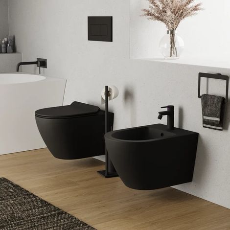Sanitaires suspendus en céramique noir mat cuvette sans rebord siège à fermeture douce et bidet Sydney (1/4)