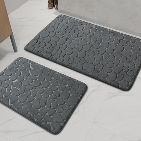 Lot de 2 tapis de salle de bain en mousse à mémoire de forme épais et antidérapants pour baignoire, WC et sol Gris foncé (1/5)